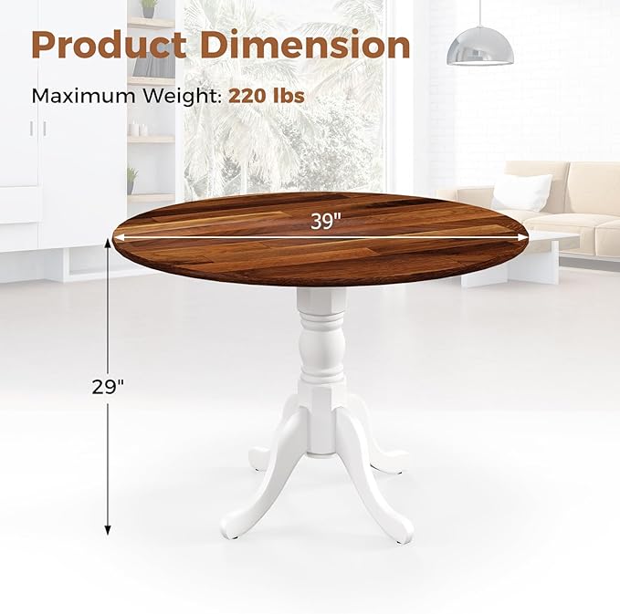 Giantex Round Dining Table, 39" D X 29" H, Rubber Wood Pedestal Table W/Round Tabletop & Curved Trestle Legs, 4-Person Dinner Table for Kitchen, Dining Room, Restaurant (Walnut & White)