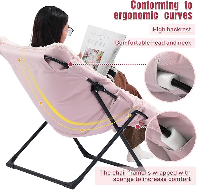 HollyHOME X-Large Saucer Chair with Foldable Ottoman, Comfy Oversized Folding Chair and Folding Footrest Stool Set, Faux-Fur Reading Chair and Footstool for Living Room, Champagne Pink Chair&Stool