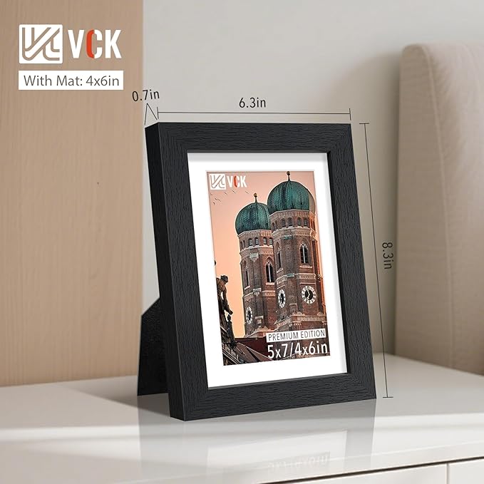 VCK 5x7 Picture Frame Black Set of 5, Textured Exclusive Wooden Photo Frames with HD Glass | Matted to 4x6 or 5x7 without Mat