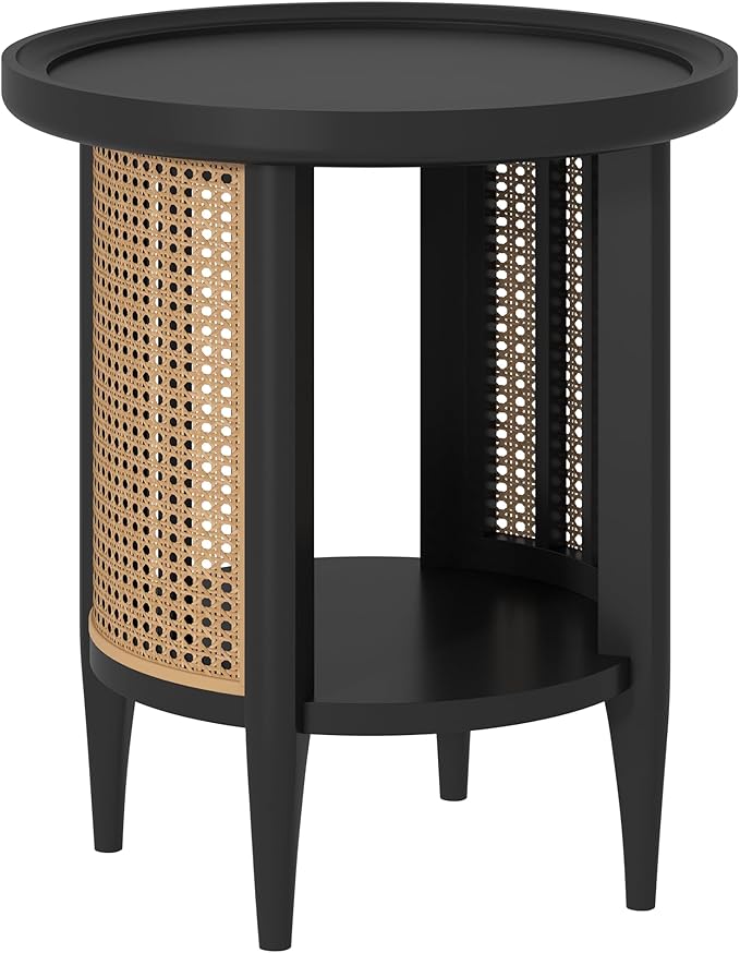 Yusong Round End Table Rattan Style Side Table with Solid Wood Legs, Boho Style Nightstand Bedside Table with 2-Tier Shelves, Small Coffee Table for Living Room Bedroom Small Spaces Black