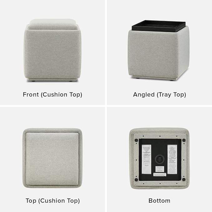 mopio Levi Storage Ottoman with Reversible Tray, Modern Square Chest Coffee Table, Upholstered Cube Sitting Foot Stools Ottoman for Living Room, Bedroom, Entryway (Fabric, Light Gray)