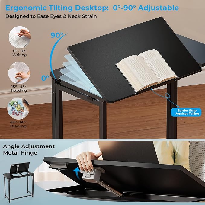 GreenForest Folding Desk with Adjustable Tiltable Desktop 0-90°, 31.5 inch Small Desk with Wheels, Rolling Drafting Table for Laptop, Reading, Writing, Drawing, Work, Black