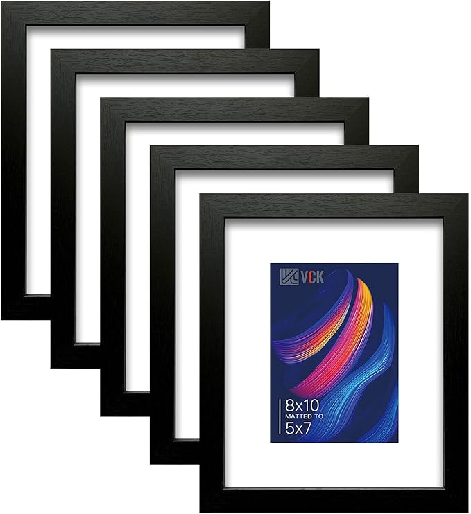 VCK Picture Frame 8×10 Set of 5 Display Pictures 5x7 with Mat or 8x10 Without Mat, High Definition Glass Multi Black Photo Frames for Baby Pictures, Weddings, Portraits Display