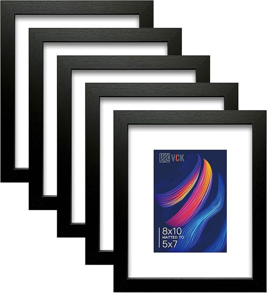 VCK Picture Frame 8×10 Set of 5 Display Pictures 5x7 with Mat or 8x10 Without Mat, High Definition Glass Multi Black Photo Frames for Baby Pictures, Weddings, Portraits Display