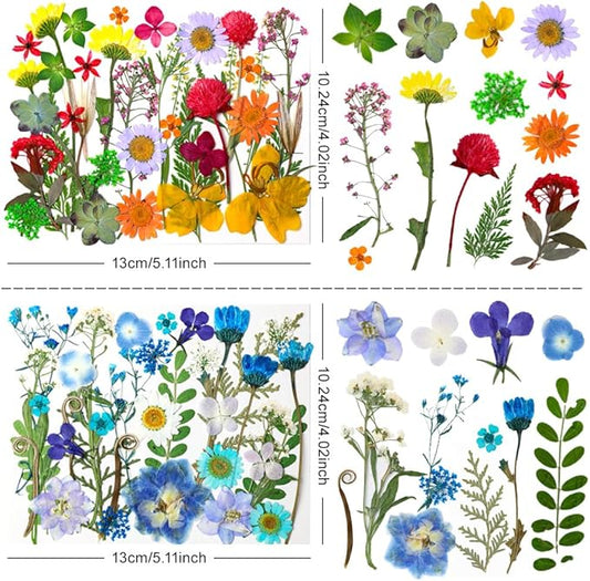 140Pcs Dried Pressed Flowers, Natural Dried Flowers Bulk with Dried Leaves for Resin, Mixed Color Dried Flowers for DIY Crafts, Epoxy Resin, Candle Making, Jewelry, Floral DIY Art, DIY Supplies Kits