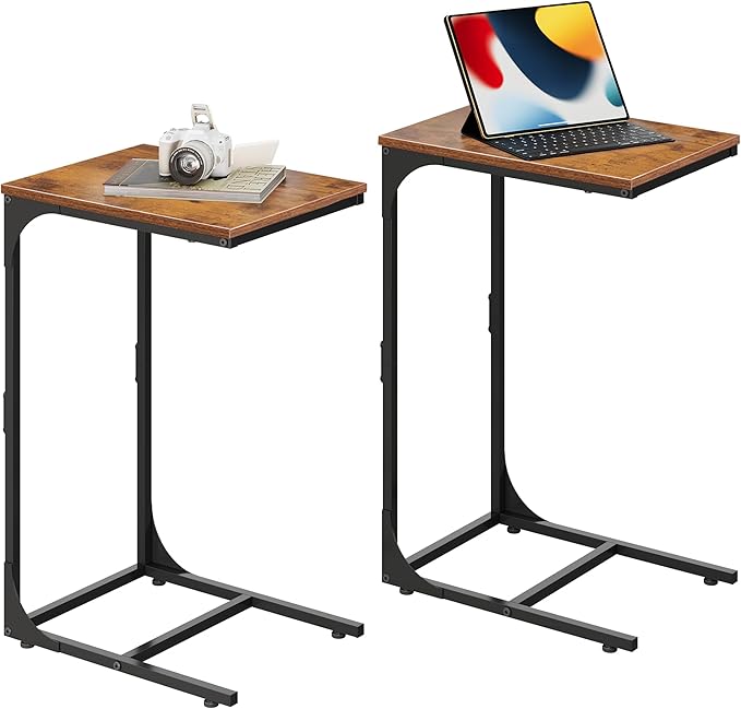 WLIVE C-Shaped End Table Set of 2, Small Couch Side Tables with Metal Frame, Sofa Table TV Tray for Living Room, Bedroom, Rustic Brown