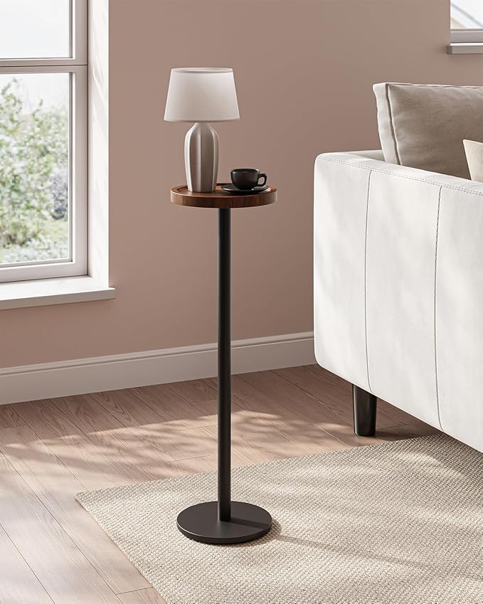 Drink Table, Small Pedestal Side Table, Round Cocktail Table, Circle End Table with Metal Base, for Small Spaces, Walnut Brown & Black