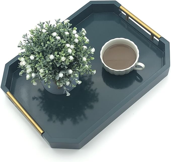 Serving Tray with Polished Metal Handles, Hexagon Coffee Table Tray, Modern Rectangle Decorative Tray, Large Ottoman Tray, Perfect for Storage and Display (Teal Rectangle)