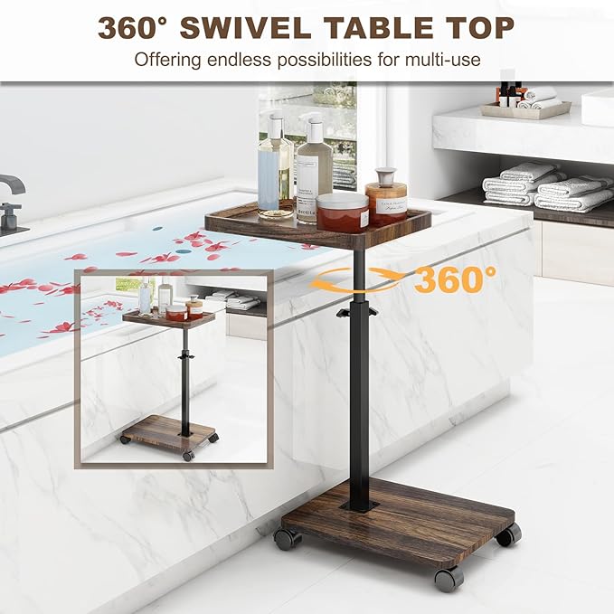 C Shaped End Table Adjustable Height, Couch Tables That Slide Under with Wheels, 360° Swivel C Side Table for Couch, Sofa, Living Room, Bedroom, Small Spaces (Walnut Veneer)