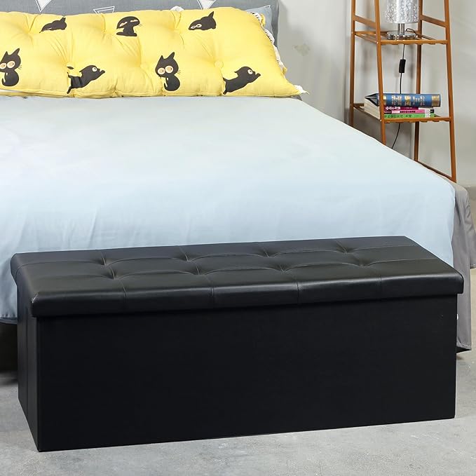 PINPLUS Folding Storage Ottoman Bench, Black Faux Leather Long Chest with Tray, Footrest Seat, Blanket Storage for Living Room Bedroom Office Hallway, 43.3"x15"x15"