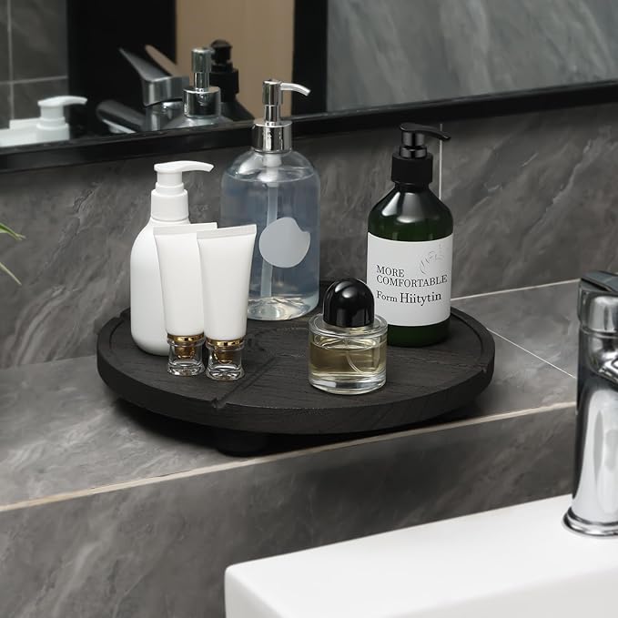 12'' Round Wooden Tray Pedestal Stand, Farmhouse Bathroom Decor Riser for Soap Dispenser, Perfume, Candle, 12'', Matte Black