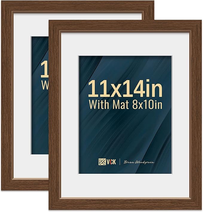 VCK 11x14 Picture Frame 2 Pack - Brown, High-End Wood Poster Frames with Tempered Glass, Display 8x10 Photo with Mat or 11x14 without Mat, Art Gallery-Quality, Wall Hanging, Brown