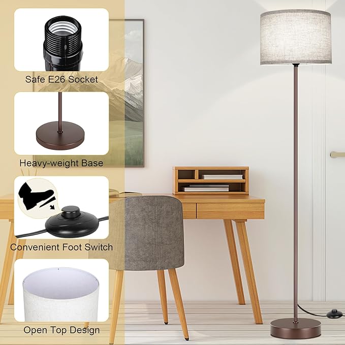 65‘’ Simple Design Floor Lamp with 3CCT 9W LED Bulb, Modern Industrial Standing Lamp for Living Room with Foot Switch, Tall Lamp with Drum Shade, Stand Up Floor Light for Study Bedroom Office, Brown
