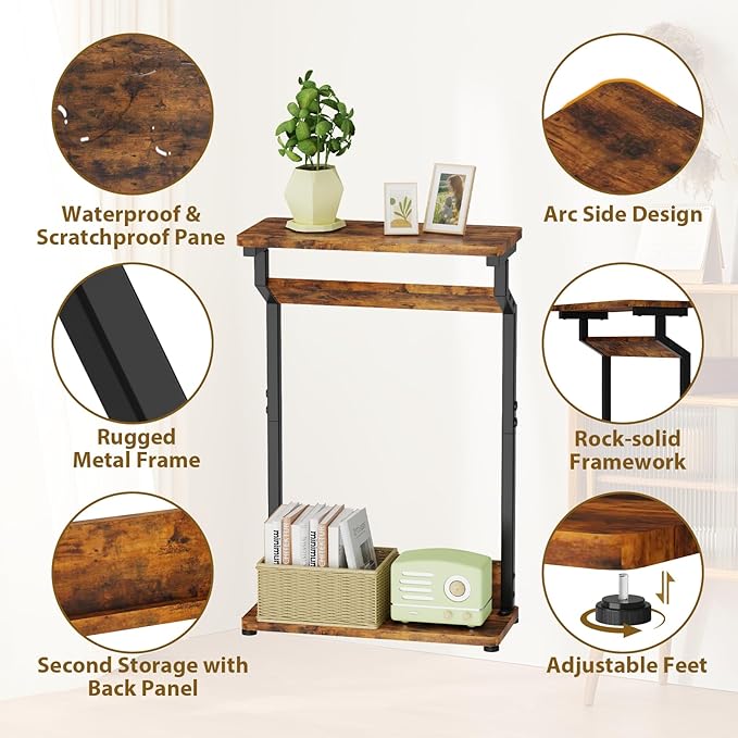 Narrow Side Table for Small Spaces, 2-Tier Farmhouse Small End Table, Slim TV Tray Couch Table Skinny Sofa Tray Tables Thin End Tables for Living Room Bedroom, Rustic Brown