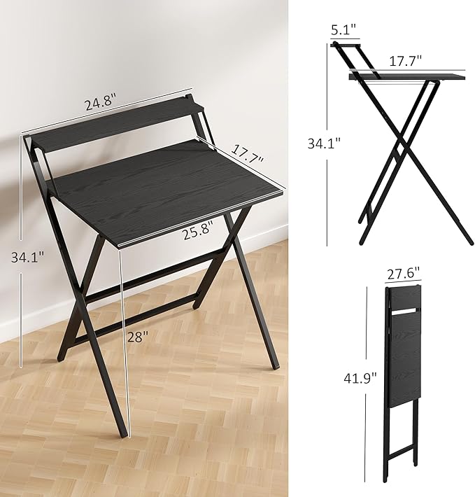 HOMCOM Small Folding Desk, 27.6 Inch Foldable Computer Desk with Monitor Shelf, Space Saving Portable Writing Table for Small Spaces, Home Office, Study, Easy Assembly, Black