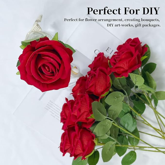 10 PCS Artificial Roses with Long Stems Silk Flowers Realistic Foam Flowers Fake Roses for Valentine's Day Home Wedding Halloween Decor(Brilliant Red)