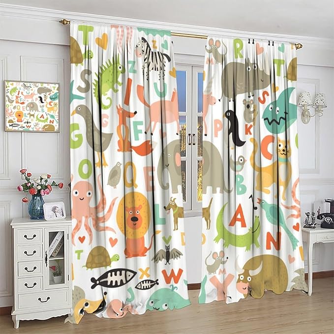 BAEKJIN Alphabet Curtains，Cute Cartoon Animals English Pattern Print Decor Window Drapes for Bedroom Living Room 42x45 Inch