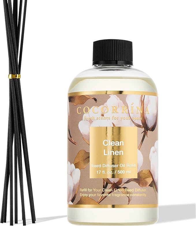 Cocorrína Reed Diffuser Refill Clean Linen 17oz (500ml) with 8 Rattan Sticks - Premium Long-Lasting Scented Oil, Home Fragrance for Bedroom, Bathroom Home Decor