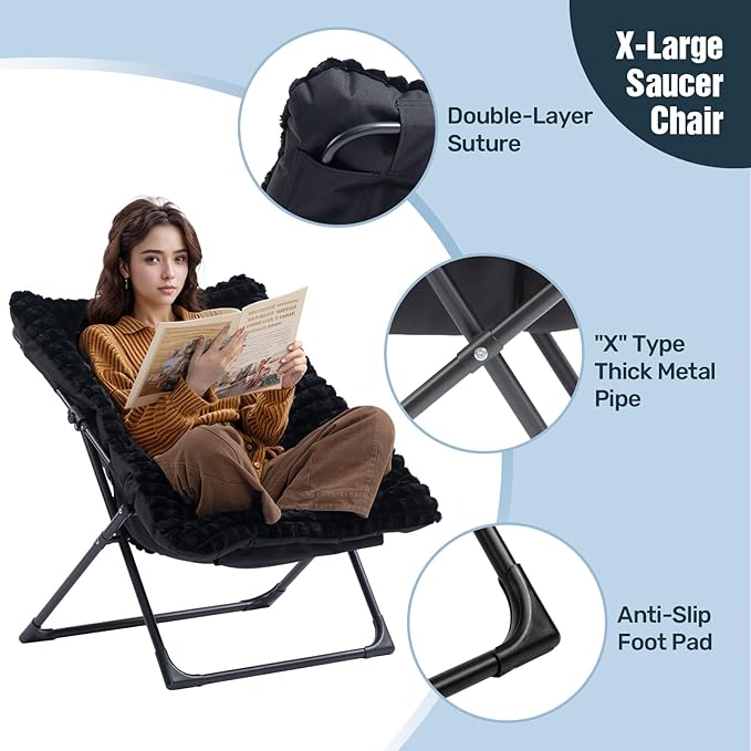 HollyHOME X-Large Saucer Chair, Comfy Oversized Folding Chair, Faux-Fur Reading Chair for Teens, Adults, Foldable Accent Lazy Chair, Metal Lounge Chair for Living Room, Bedroom, Dorm, Grid Black