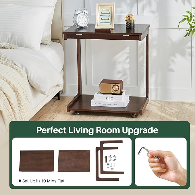 C Shaped Rolling End Table with Wheels - Solid Wood Side Table for Couch, Wooden Modern Tv Tray Bedside Tables for Sofa Armchair Living Room Bedroom, Brown, 15.4 in x 23.6 in x 24.8 in