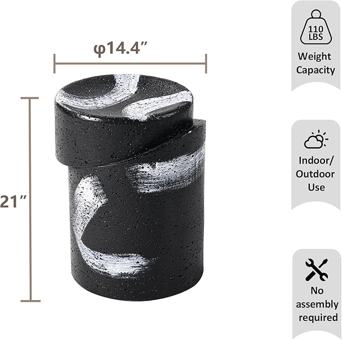 HOMPUS Concrete Outdoor Side Table Set of 2 w Graffiti Round Coffee Table, Home Decor Plant Stand Outdoor Accent Table Patio Drum End Table for Living Room, Bedroom or Balcony, Black & White