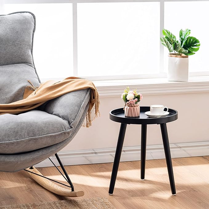 Apicizon Black Round Side Table Set of 2, Tray Nightstand Sofa Coffee End Table for Living Room, Bedroom, Small Spaces, Easy Assembly Bedside Table, 15 x 18 Inches, Black