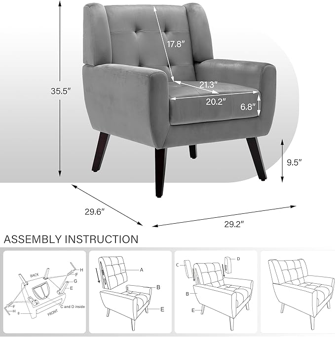 2 Pack Mid Century Modern Accent Chairs, Button Tufted Velvet Upholstered Armchairs with Arms - Matching Set for Living Room, Comfortable Sofa Chairs for Bedroom & Home Office, Compact, Gray