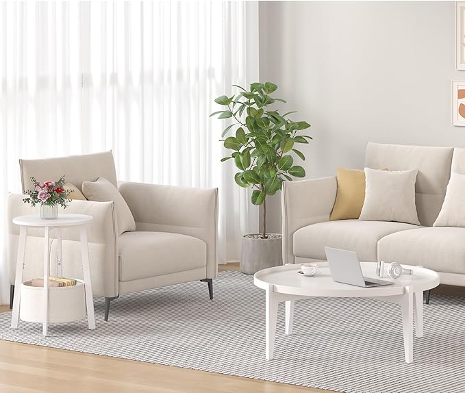 Small Round Side End Table with Cloth Storage Basket, Round Bedside Sofa Couch Coffee Tables for Small Places with Metal Frame, Modern Nighstands for Living Room Bedroom,White