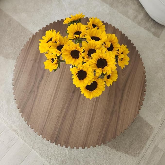39.37'' Round Coffee Table for Living Room, Modern Wood Nesting Coffee Table Handcraft Circle Fluted Drum Coffee Table, Easy Assembly