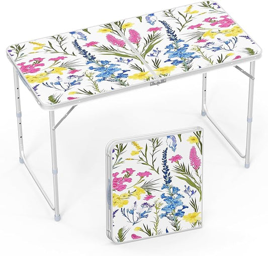 VINGLI 4FT White Folding Table with Carrying Handle Height Adjustable Lightweight Fold Up Portable for Indoor Outdoor Picnic,Camping,Hiking,Fishing,BBQ …