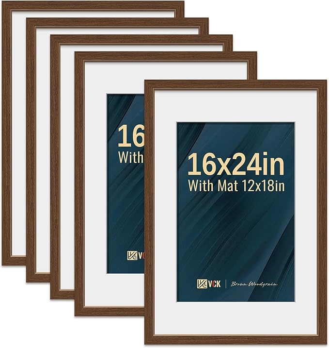 VCK 16x24 Poster Frame 5 Pack - Brown, High-End Wood Picture Frames with Polished Plexiglass, Display 12x18 Photo with Mat or 16x24 without Mat, Art Gallery-Quality, Wall Hanging, Brown