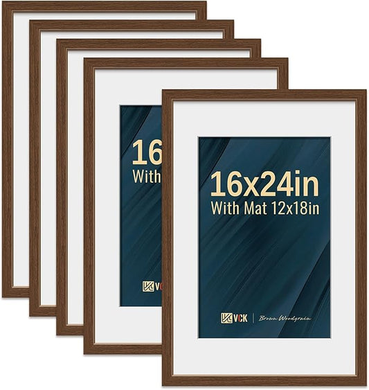 VCK 16x24 Poster Frame 5 Pack - Brown, High-End Wood Picture Frames with Polished Plexiglass, Display 12x18 Photo with Mat or 16x24 without Mat, Art Gallery-Quality, Wall Hanging, Brown
