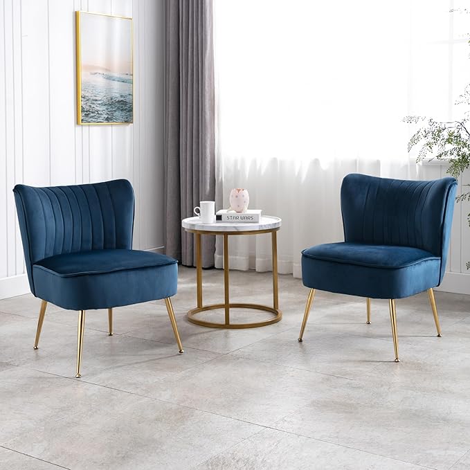 Velvet Accent Chair Set of 2 Comfy Living Room Chair Armless Slipper Chair Mid Century Side Single Sofa Chair with Golden Legs Wingback for Bedroom Guest Room, Blue