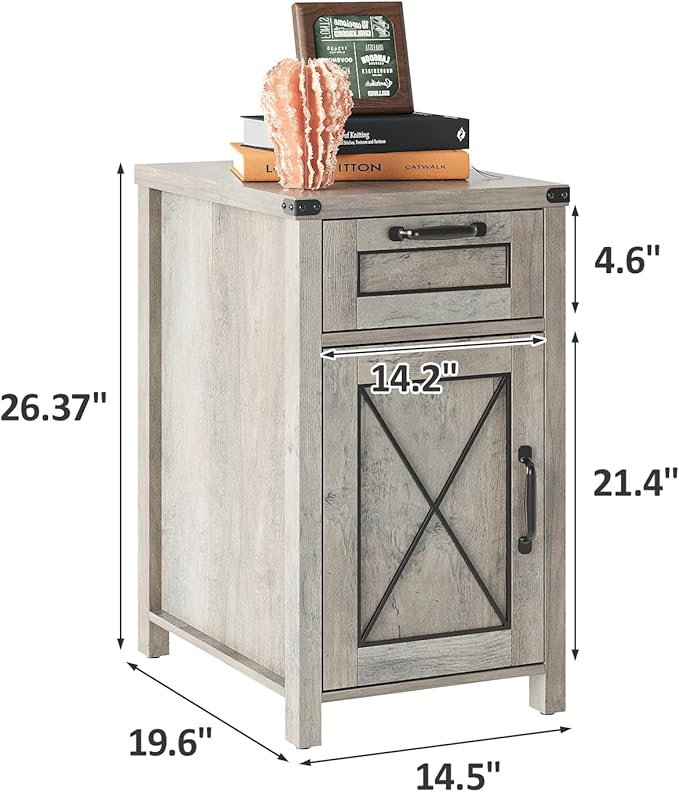 Maupvit End Table with Charging Station, Farmhouse End Table Narrow Side Table for Living Room, Sofa Side Table with Drawer and Storage Cabinet, Small Nightstand for Bedroom (Retro-Grey)