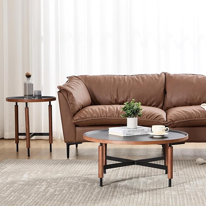 HEAH-YO 35" Round Coffee Table, Wood Tray Top Accent Table with Walnut Wrapped Metal Legs, Industrial & Farmhouse Nesting Tables for Living Room/Office Reception, Black