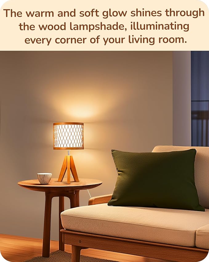 EDISHINE Small Table Lamp, 14.17" Wood Tripod Bedside Lamp with Bamboo Lampshade & PVC Shade, ON-Off Switch & E26 Base, Boho Nightstand Lamp for Living Room, Bedroom