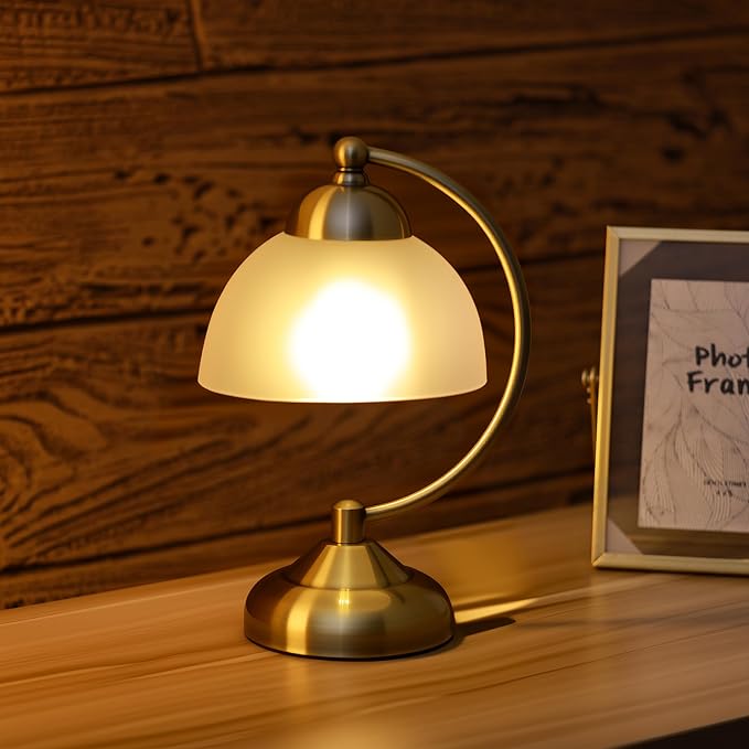Small Modern Touch Glass Bedside Table Lamp, 7 x 7 x 10 Inch Bronze Base Table Lamp for Bedrooms and Office (White Frosted Glass Shade)