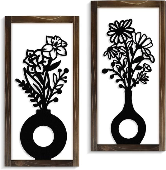 Kas Home 3D Floral Wall Art, 2 Set Rustic Wood Boho Flower with Vase Framed Wall Decor for Bathroom Living Room Bedroom Office Housewarming Gift, Ready To Hang Plaque Sculptures (White-B, 6L" x 12W", Framed)