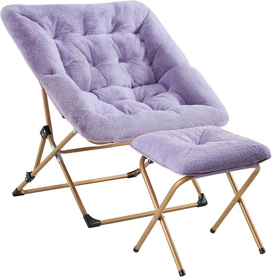 OAKHAM Comfy Chair for Adults, Soft Faux Fur Folding Lounge for Bedroom Living Room Dorm Rooms Flexible Reading Chair for Teens Kids, X-Large Foldable (Ottoman-Lavender)