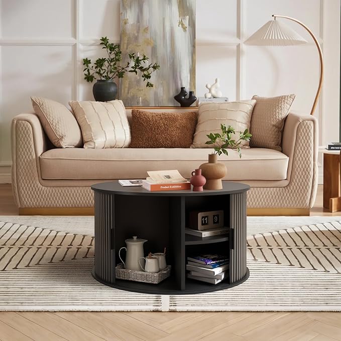 Coffee Table with Storage,31.5" Wood Round Coffee Table Hidden Storage and Open Shelves with 360°Curved Sliding Door,for Living Room Office Apartment,Black