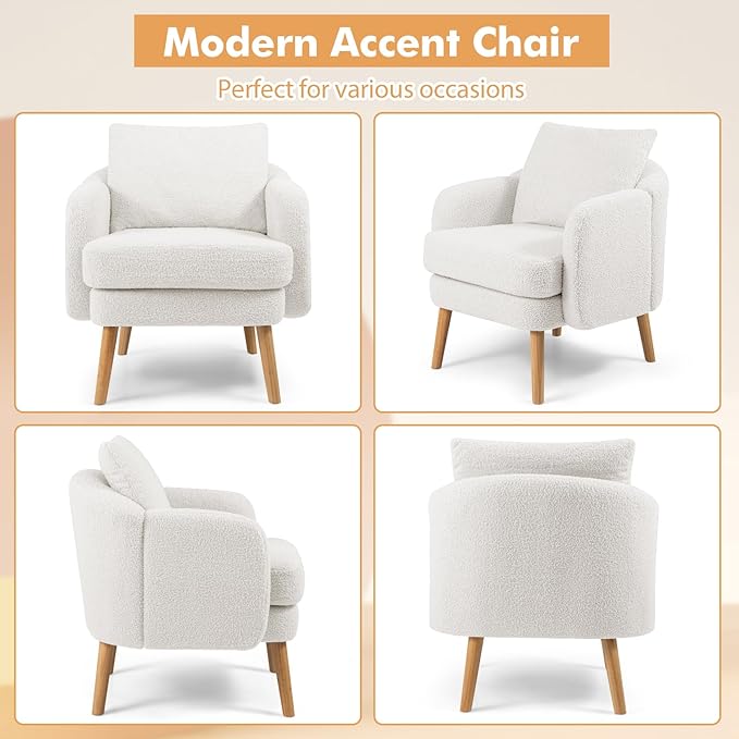 Giantex Sherpa Accent Chair, Modern Upholstered Single Sofa Chair with Back Pillow & Solid Rubber Wood Legs, Teddy Barrel Arm Chair for Reading, Living Room, Bedroom, Office, White