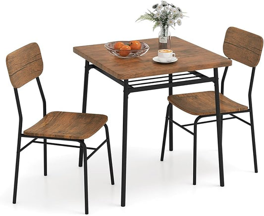 Tangkula Square Dining Table Set for 2, Compact Metal Frame Kitchen Table & Chairs with Built-in Storage Rack, Space-Saving Dinette Set for Breakfast Nooks, Studios & Small Spaces