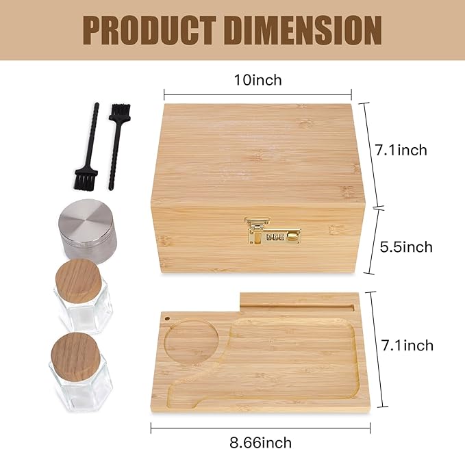 Large bamboo box, locked storage decorative box with combination lock, wooden lock box with lid, wooden locked storage box with removable tray and jars