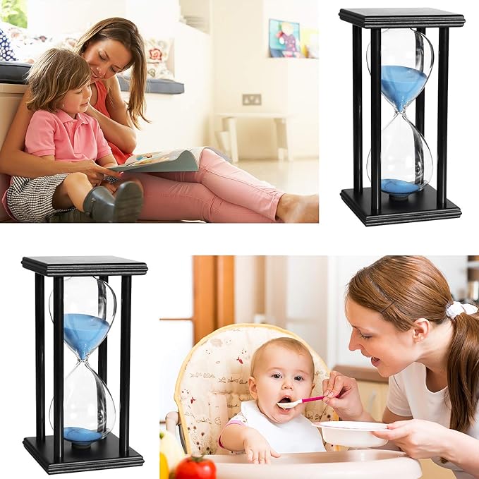 Lodunsyr Hourglass Timer for 60 Minutes Sandglass Timer for Kitchen Living Room Home Office Desk Bedroom Party Festival Coffee Table Book Shelf School Game Sand Timer Clock (Black Frame Blue Sand)