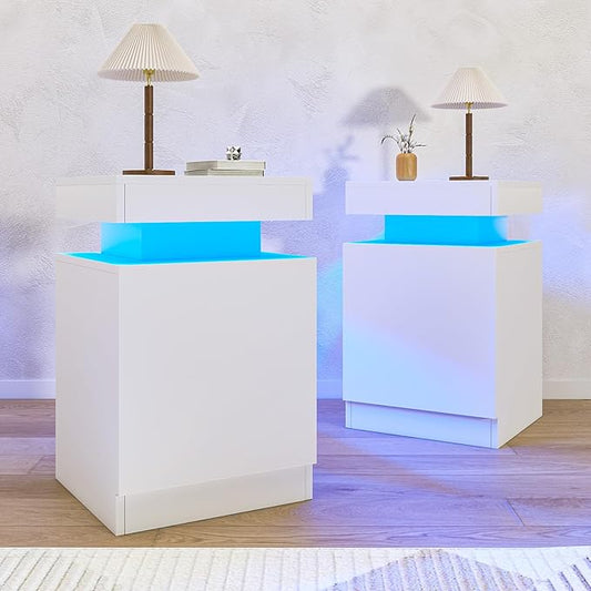 oneinmil Nightstand Set of 2 with LED Lights, Night Stand with Storage Cabinet for Bedroom, Bedside Table with LED, White