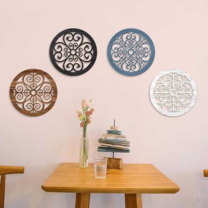 Zzbakress 4 Pieces Farmhouse Wall Decor Rustic Circle Wall Decor Wooden Hollow Carved Round Wall Art for Living Room Bedroom Kitchen Bathroom Home Wall Decoration (Delicate, Colorful)