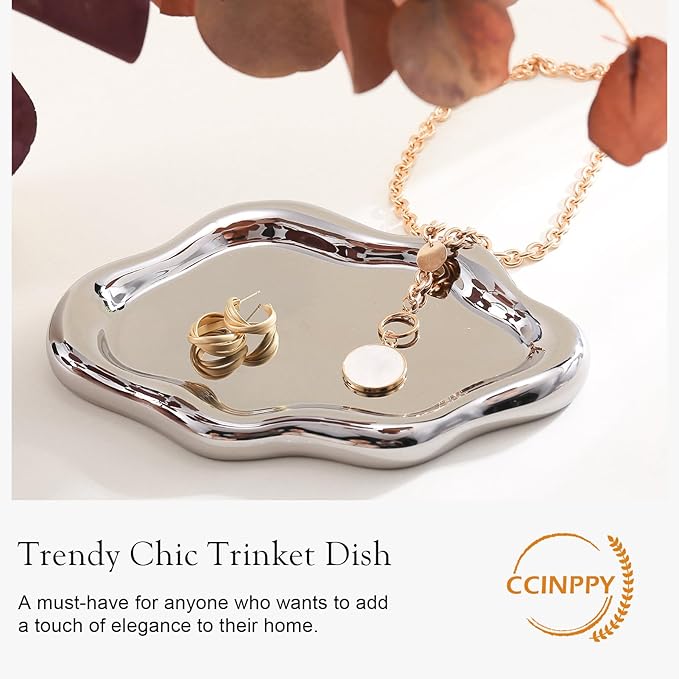 Ceramic Jewelry Tray Trinket Dish, Decorative Cloud Vanity Key Tray for Women, Ring Holder Dish, Cute Jewelry Plate Bowl Room Decor Aesthetic, Silver, Medium