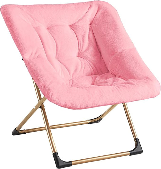 Comfy Oversized Saucer Chair, Soft Faux Fur Reading Lounge Chair for Adults, Stable X-Large Metal Frame and Non-Slip Pad, Foldable Cozy Chairs for Bedroom, Living Room, Dorm, Office, Pink