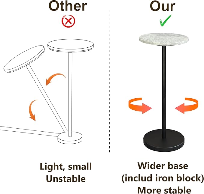 Nature Marble Drink Table, Pedestal Table, Small Round Side Table, Martini Table for Living Room, Bathroom, Small Space (Black 1)