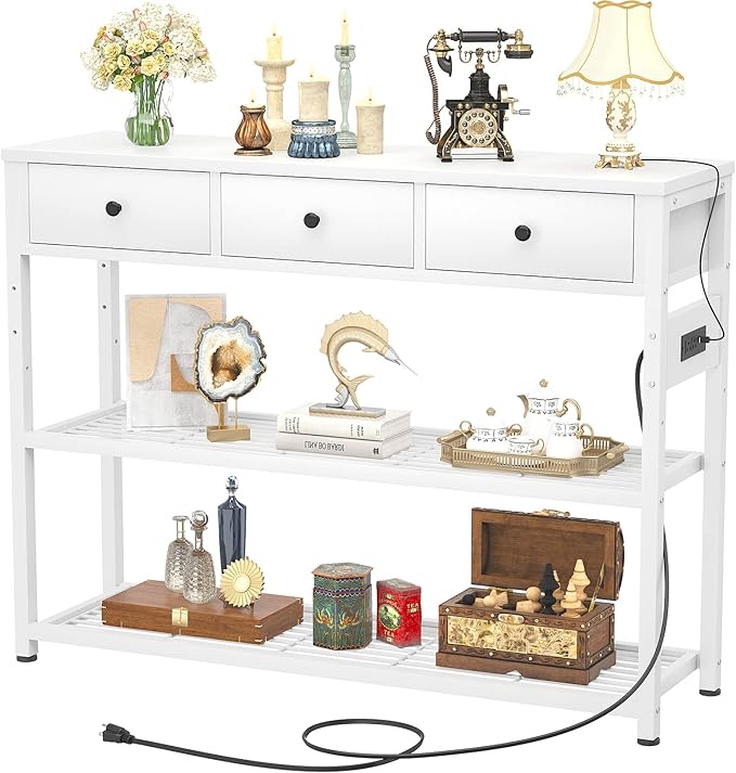 Ecoprsio 47'' Entryway Table with Outlets and USB Ports, Console Table with 3 Drawers, Sofa Table Narrow Long with Storage Shelves for Living Room, Couch, Hallway, Foyer, Kitchen Counter, White